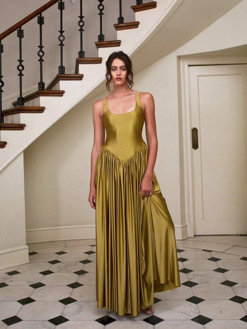 Delfi Collective Oriana Satin Scoop-Neck Maxi Dress in Olive - Picture 2 of 8